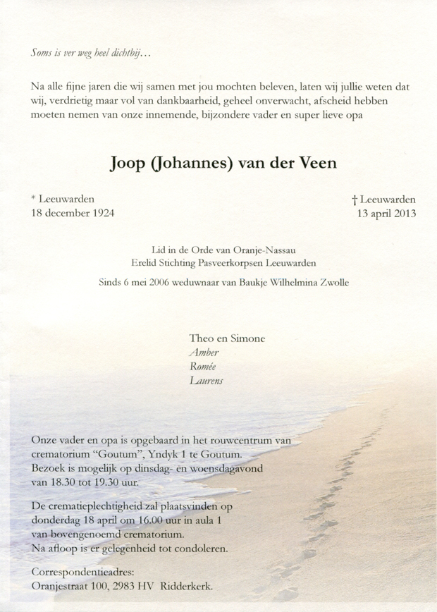 Rouwkaart J. v.d. Veen